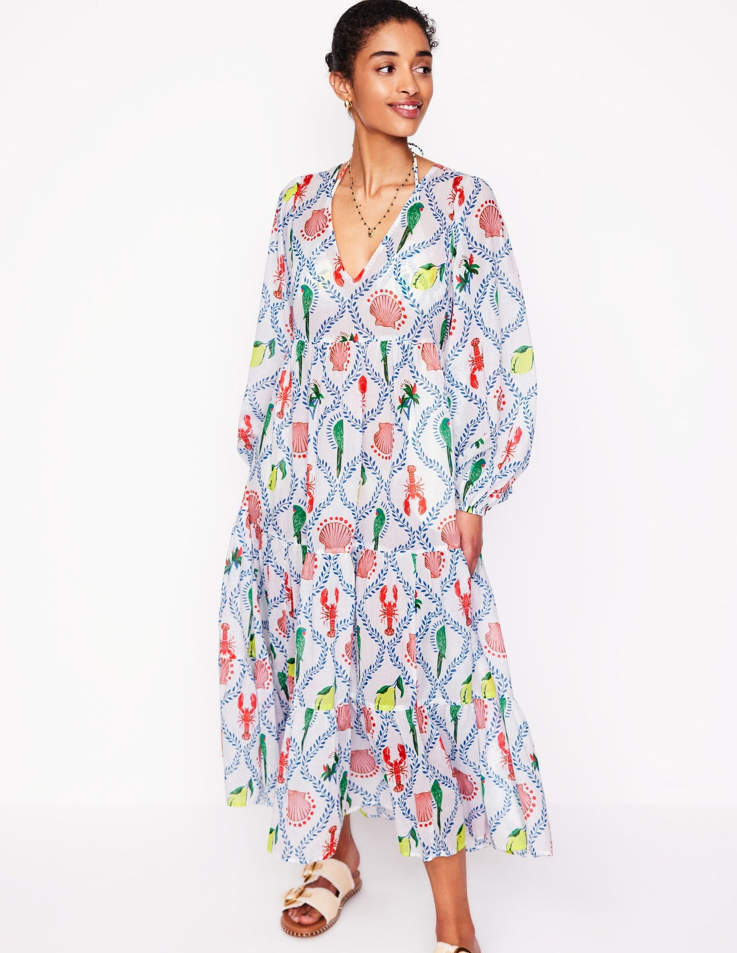 V-Neck Tiered Cotton Kaftan-Ivory, Tropical Bonanza