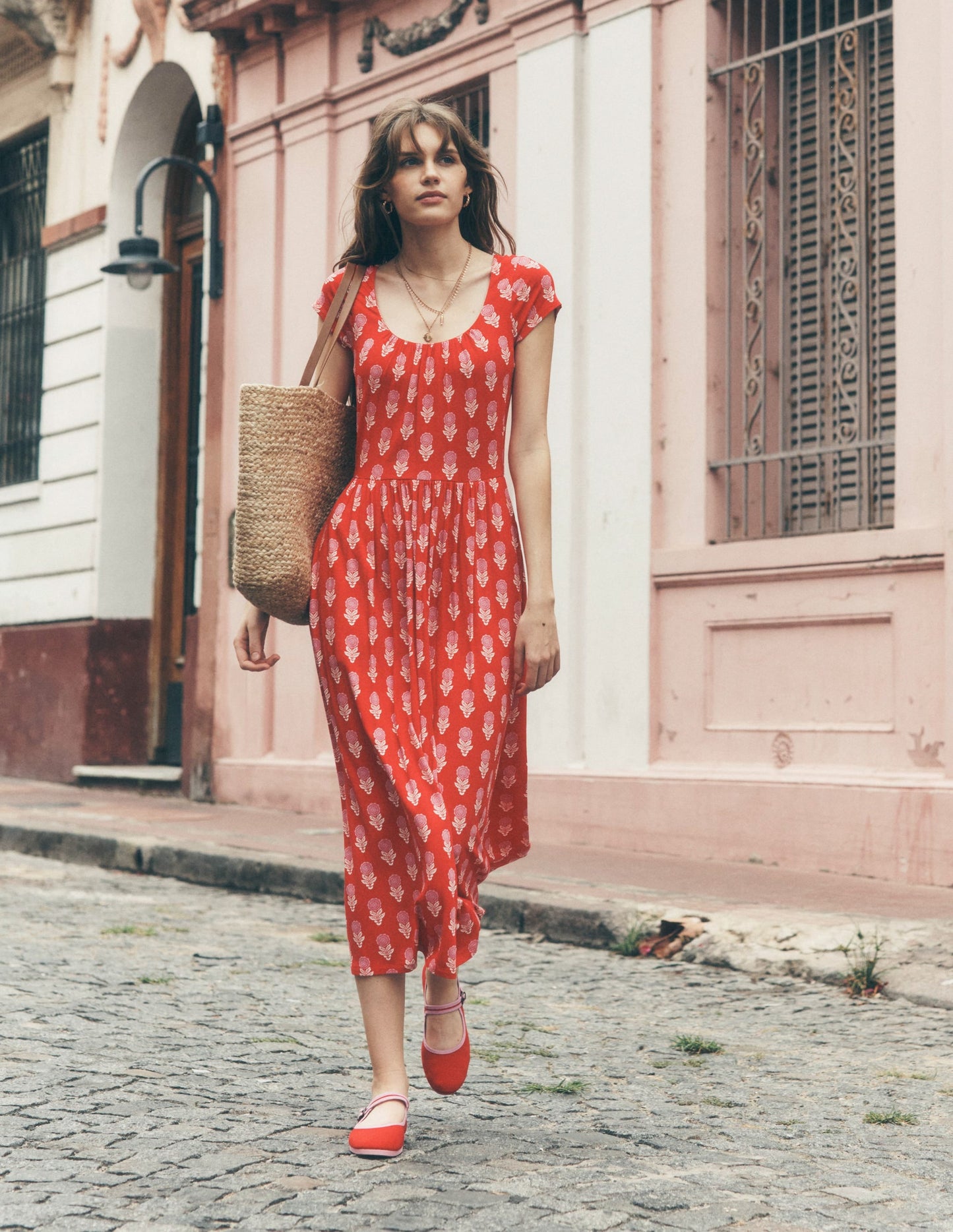 Samantha Scoop Jersey Dress-Poppy Red, Dahlia Sprig